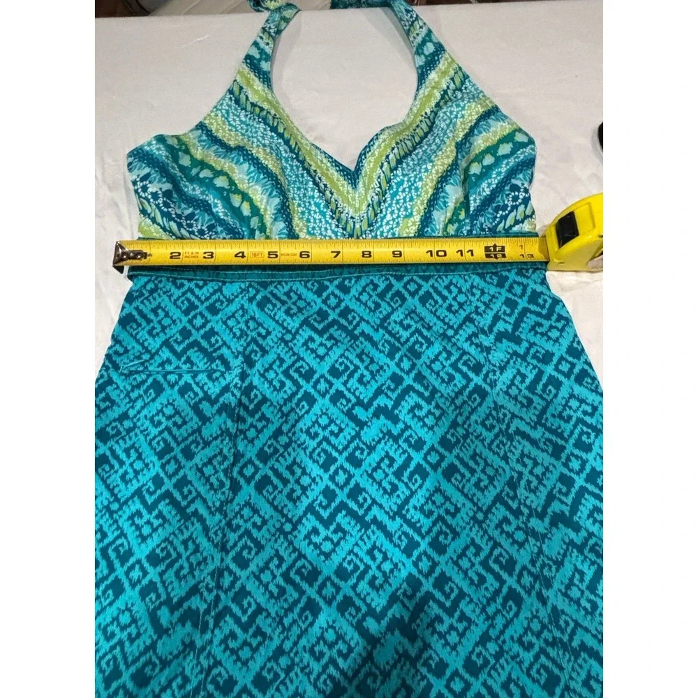 Athleta Pack Everywhere V Neck Halter Dress Turquoise Teal Geometric Design Sz 8
